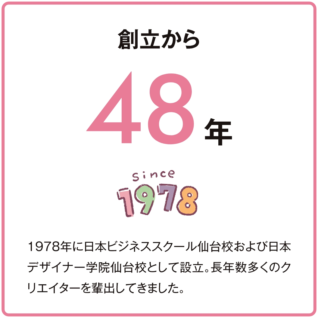 1978年に日本ビジネススクール仙台校および日本デザイナー学院仙台校として設立。長年数多くのクリエイターを輩出してきました。